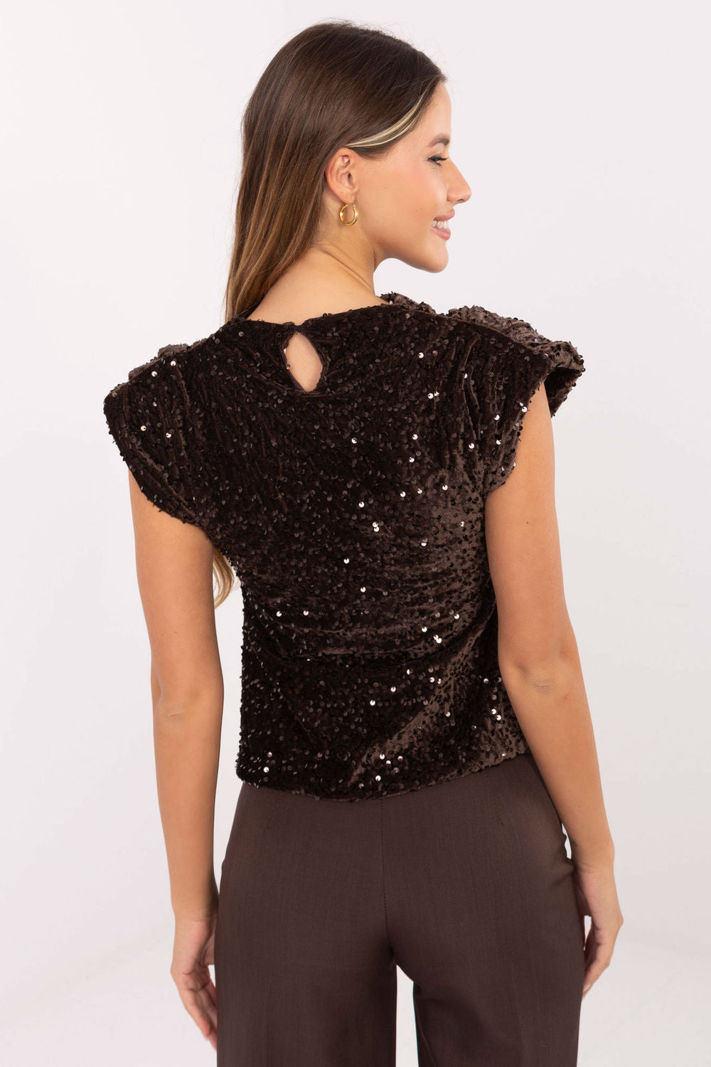 Italy Moda Dark Brown Sequin Sleeveless Blouse - view 3