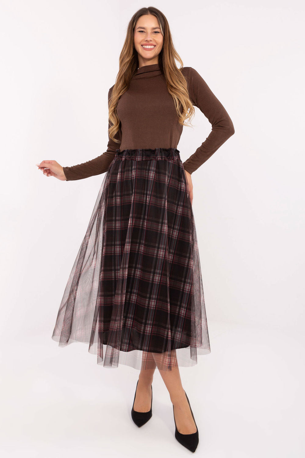 Italy Moda Black Mesh Flared Midi Skirt