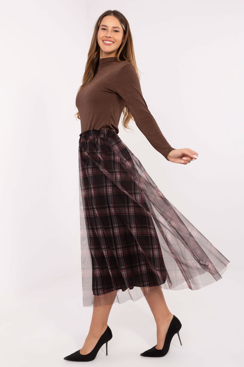 Italy Moda Black Mesh Flared Midi Skirt - view 2