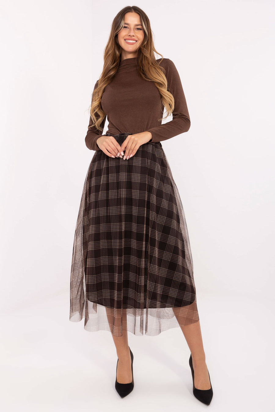 Italy Moda Brown Mesh Flared Skirt