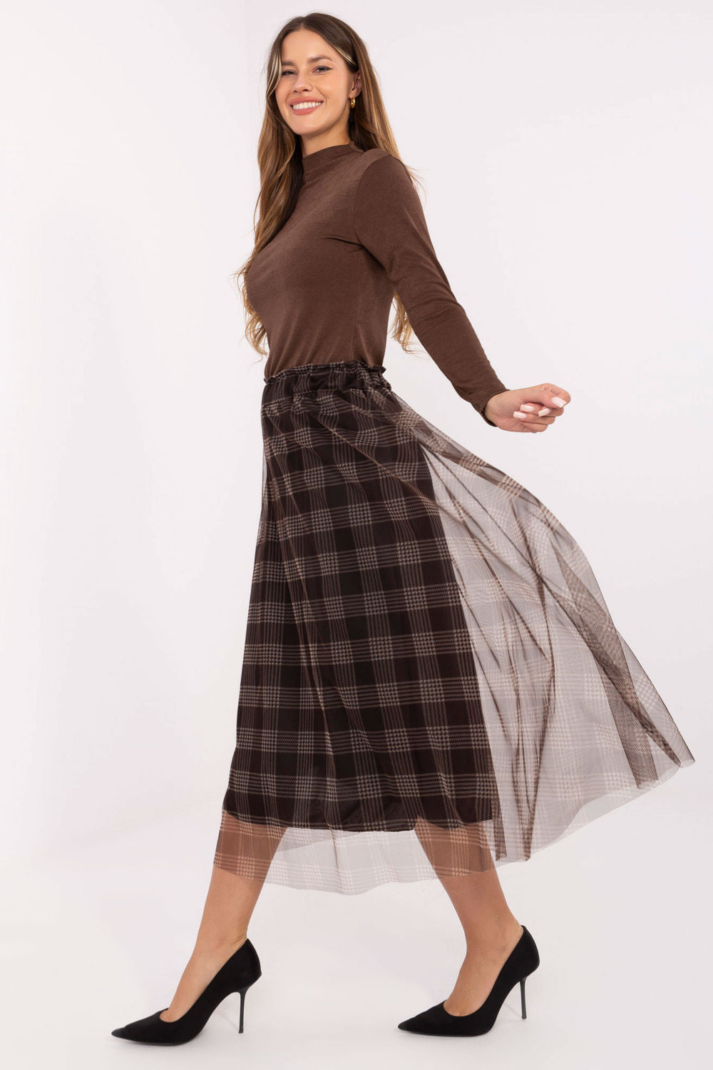 Italy Moda Brown Mesh Flared Skirt - view 2
