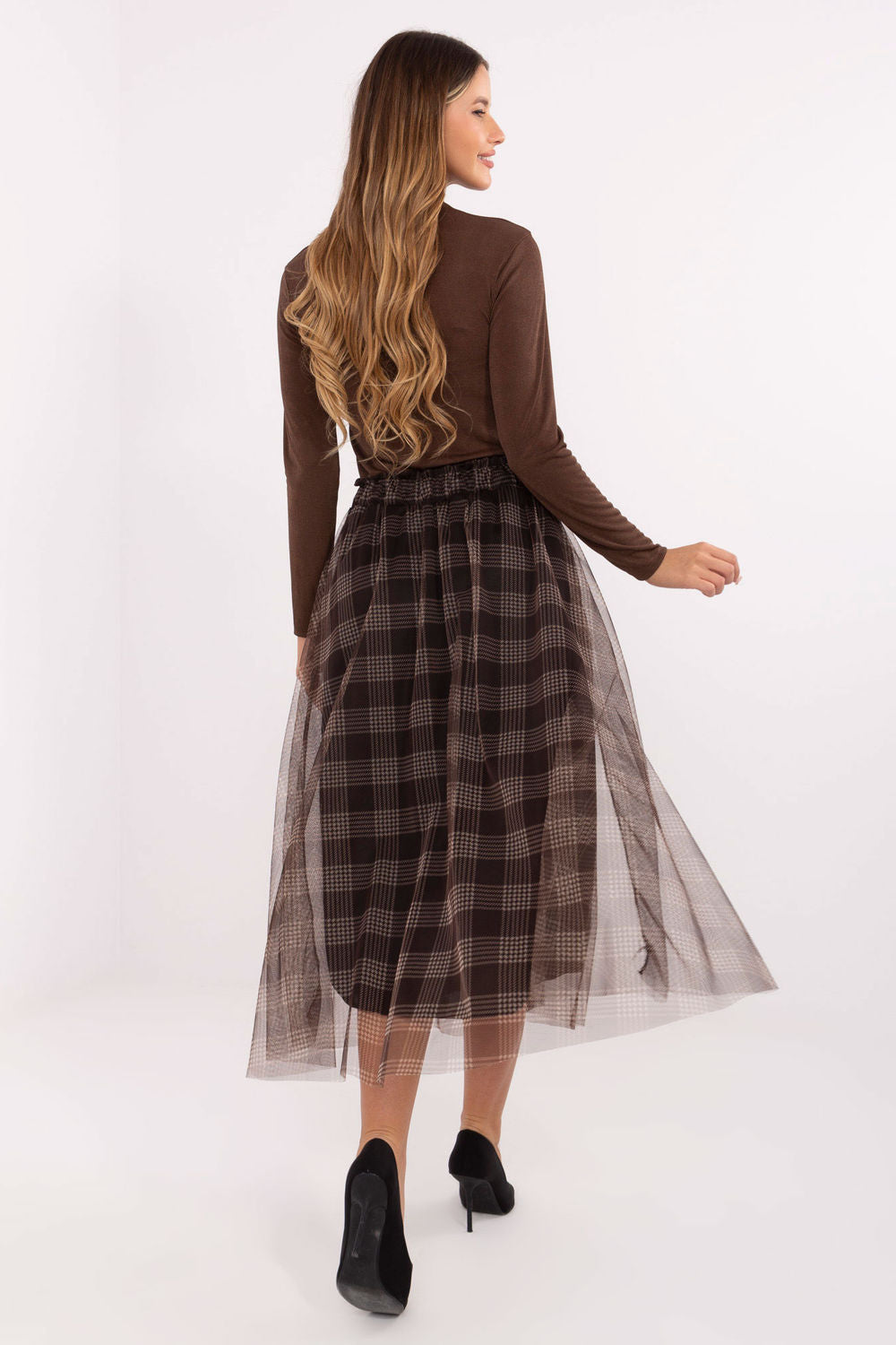 Italy Moda Brown Mesh Flared Skirt - view 3