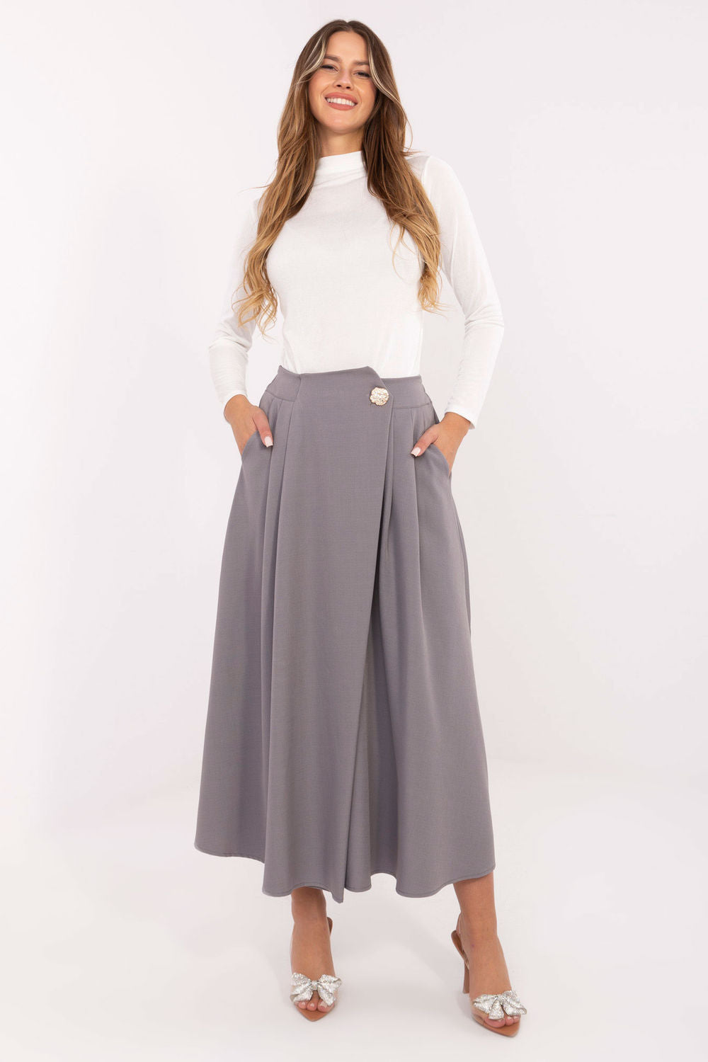 Rue Paris Grey Pleated Midi Skirt