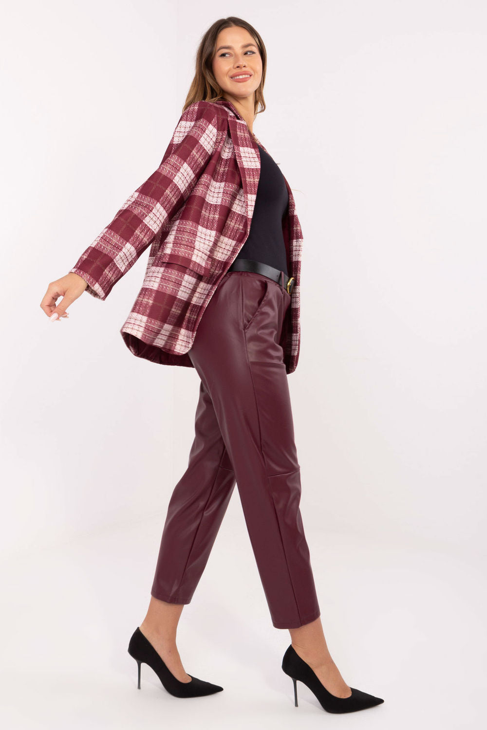 Rue Paris Burgundy Faux Leather High Waisted Trousers - view 2
