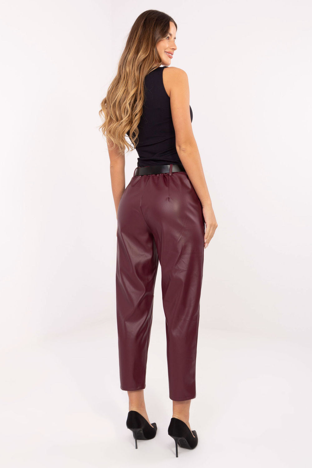 Rue Paris Burgundy Faux Leather High Waisted Trousers - view 3
