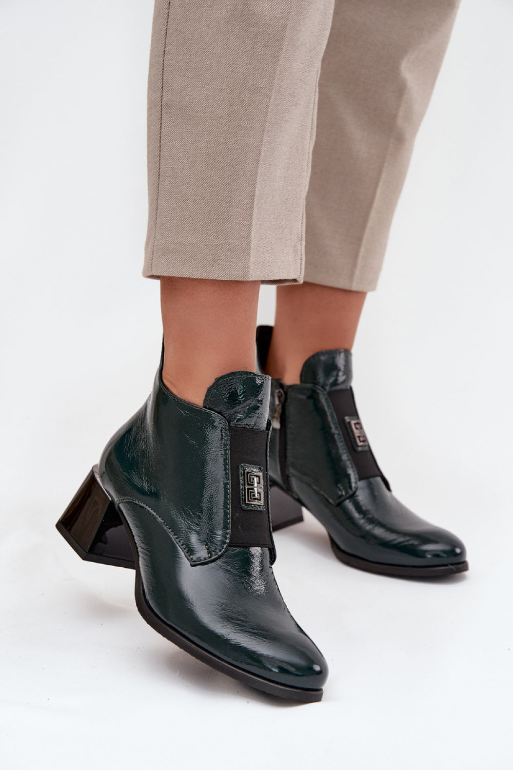 Step In Style Zazoo Dark Green Leather Block Heel Heeled Ankle Boots
