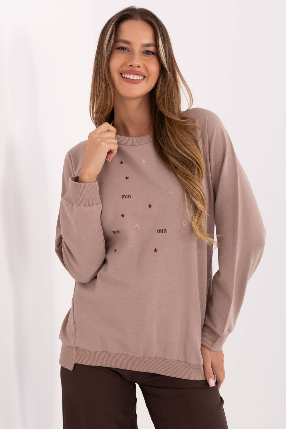 Relevance Dark Beige Round Neck Long Sleeve Cotton Sweatshirt