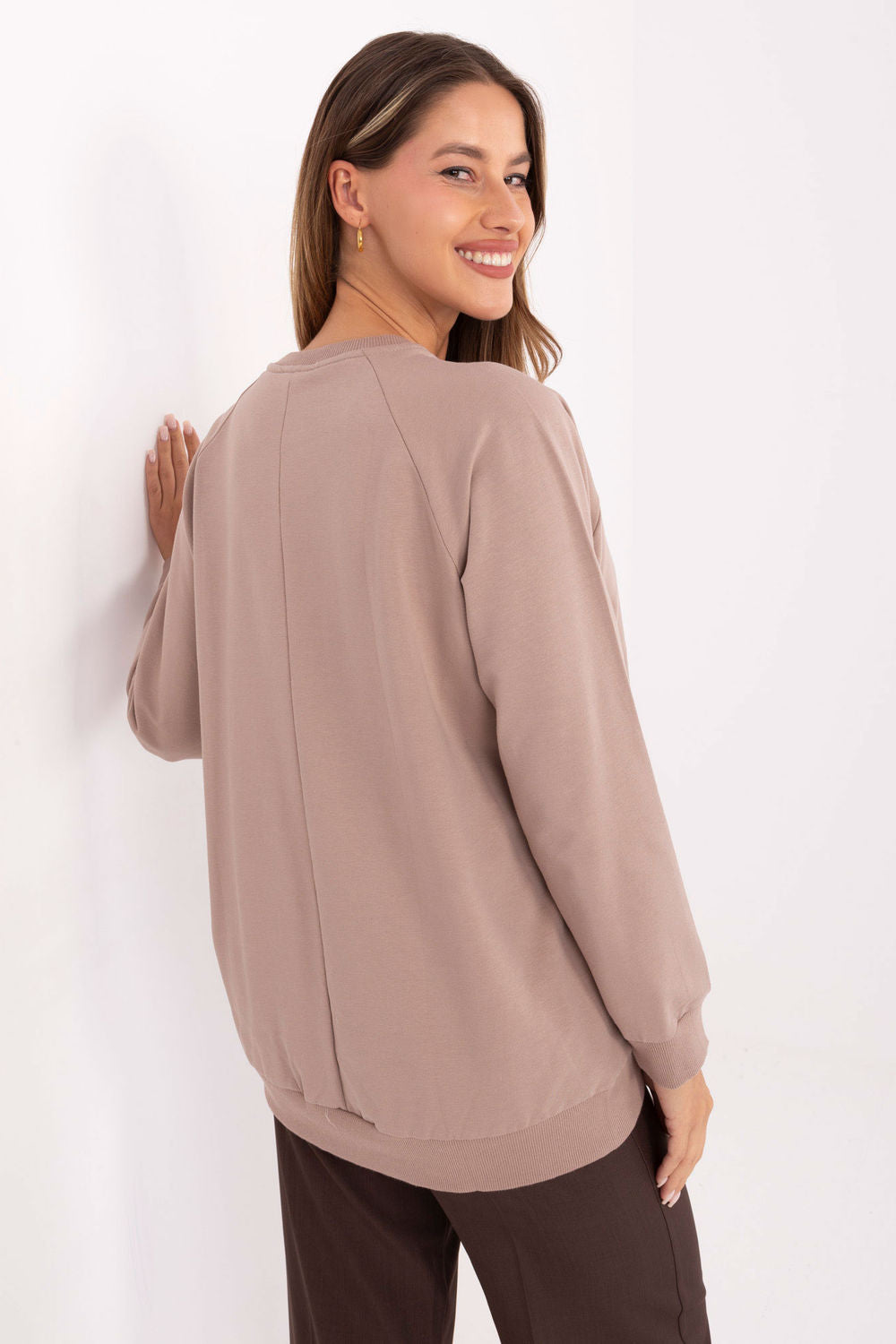 Relevance Dark Beige Round Neck Long Sleeve Cotton Sweatshirt - view 3