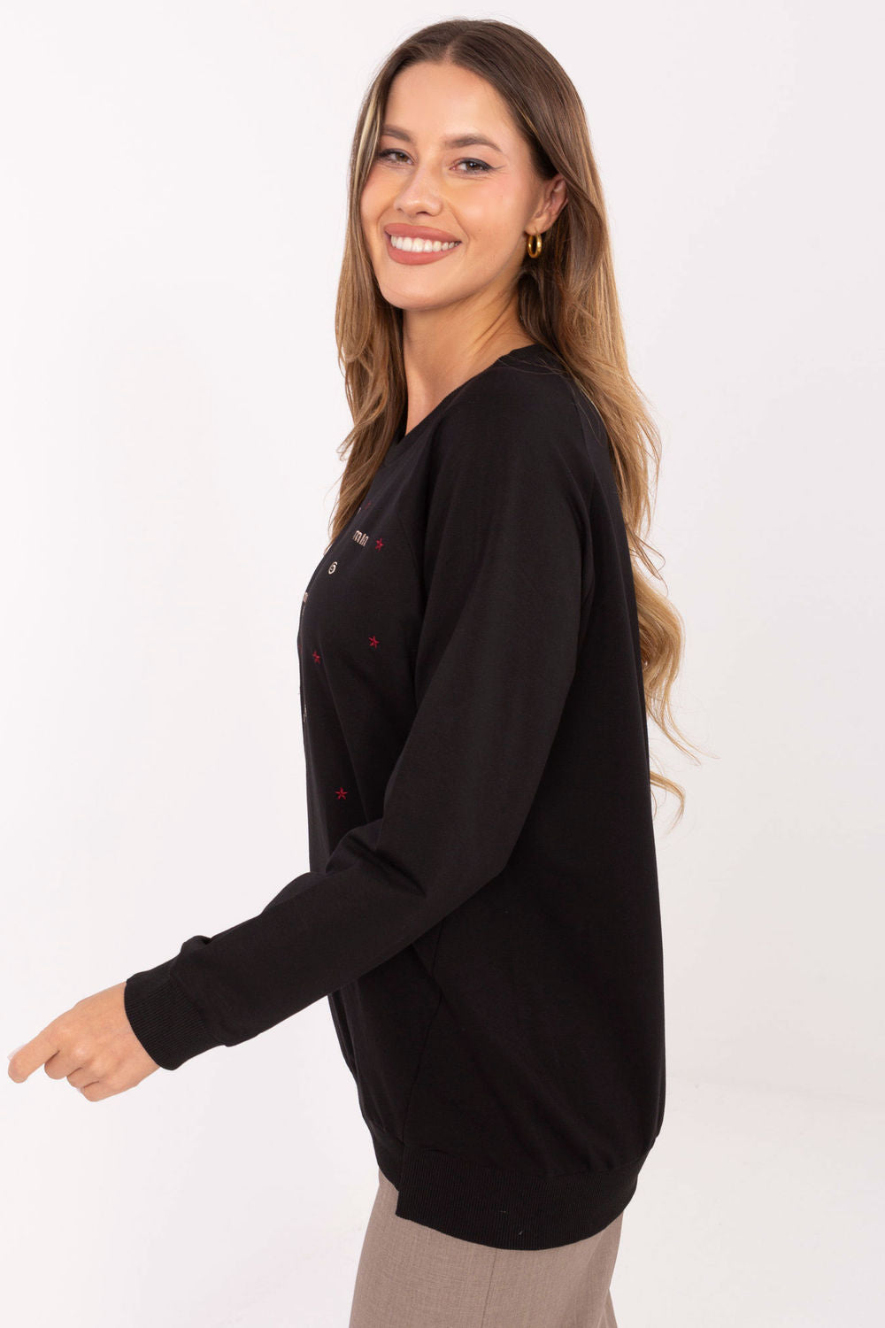 Relevance Black Round Neck Long Sleeve Cotton Sweatshirt with Embroidery - view 2