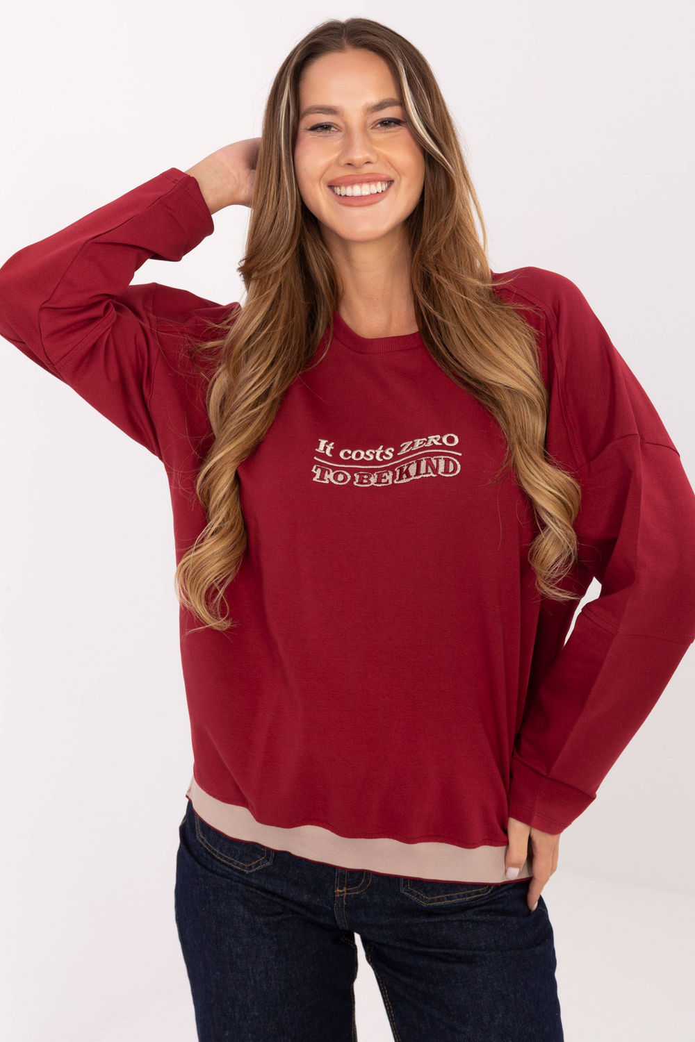 Relevance Burgundy Long Sleeve Cotton Sweatshirt with Embroidery