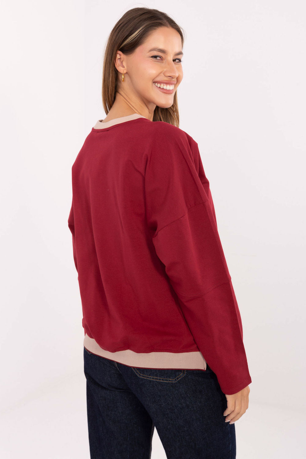 Relevance Burgundy Long Sleeve Cotton Sweatshirt with Embroidery - view 3