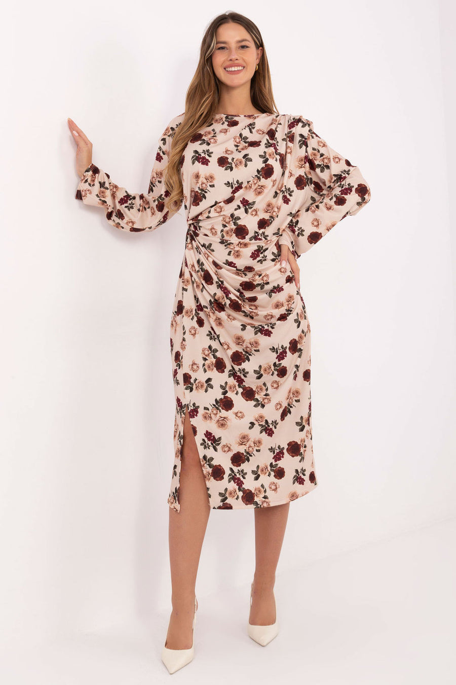 Rue Paris Beige Midi Floral Dress