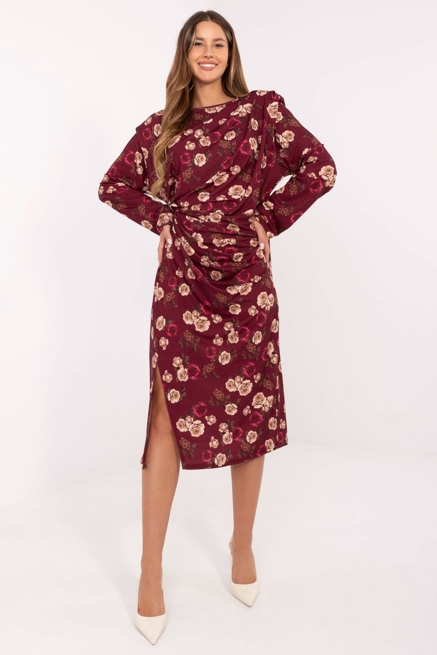 Rue Paris Burgundy Midi Floral Dress