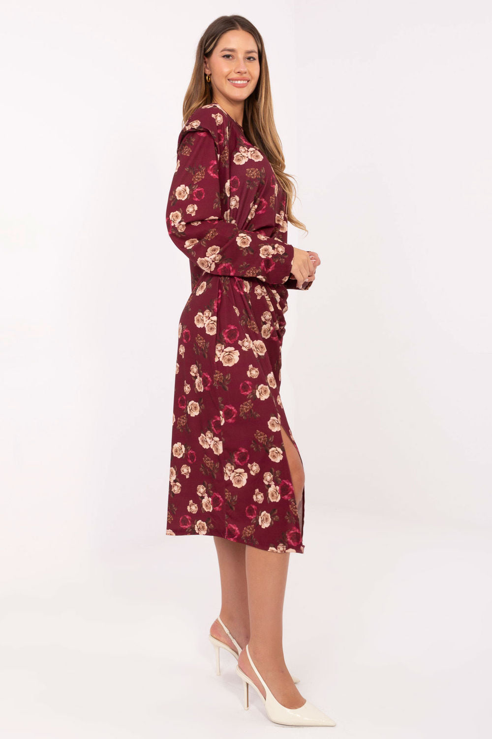 Rue Paris Burgundy Midi Floral Dress - view 2