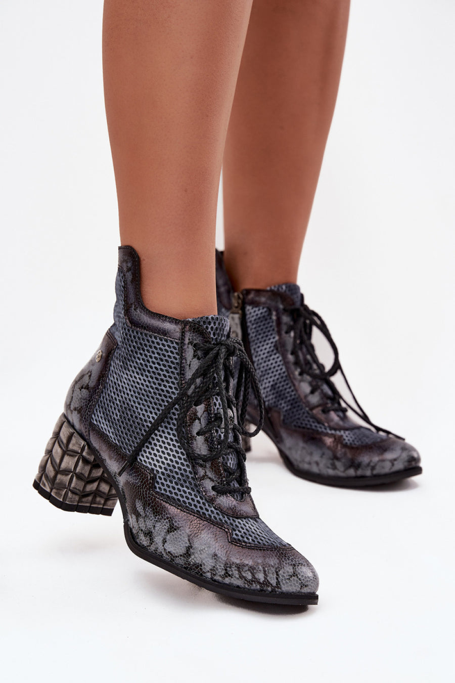 Step In Style Maciejka Grey Leather Block Heel Heeled Ankle Boots
