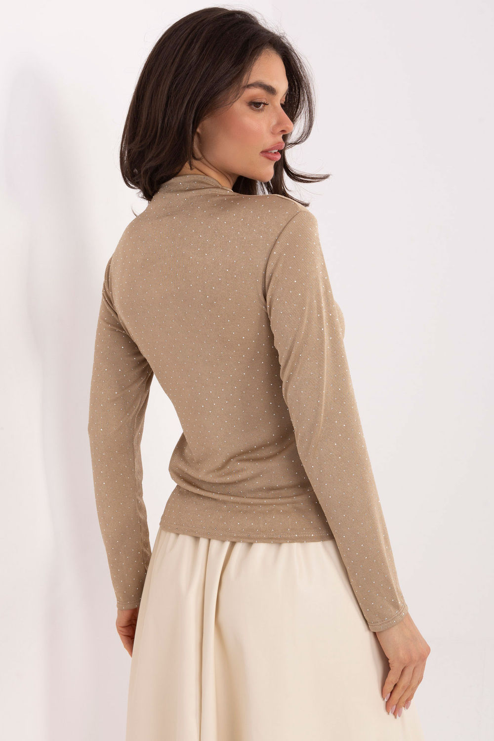 Rue Paris Dark Beige Roll Neck Bodycon Long Sleeve Blouse - view 3