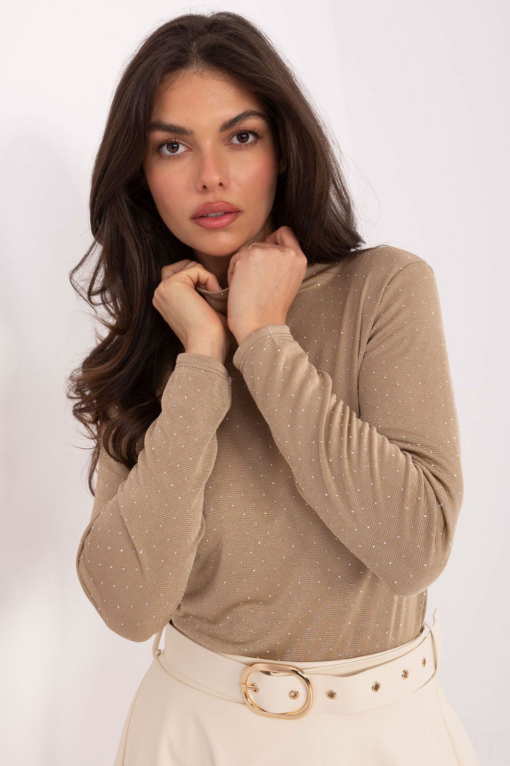 Rue Paris Dark Beige Roll Neck Bodycon Long Sleeve Blouse - view 4