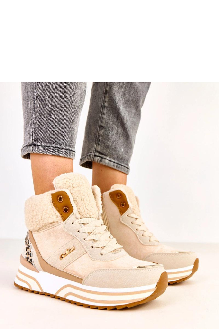 Solea Beige Faux Leather Platform Warm Lined Trainers