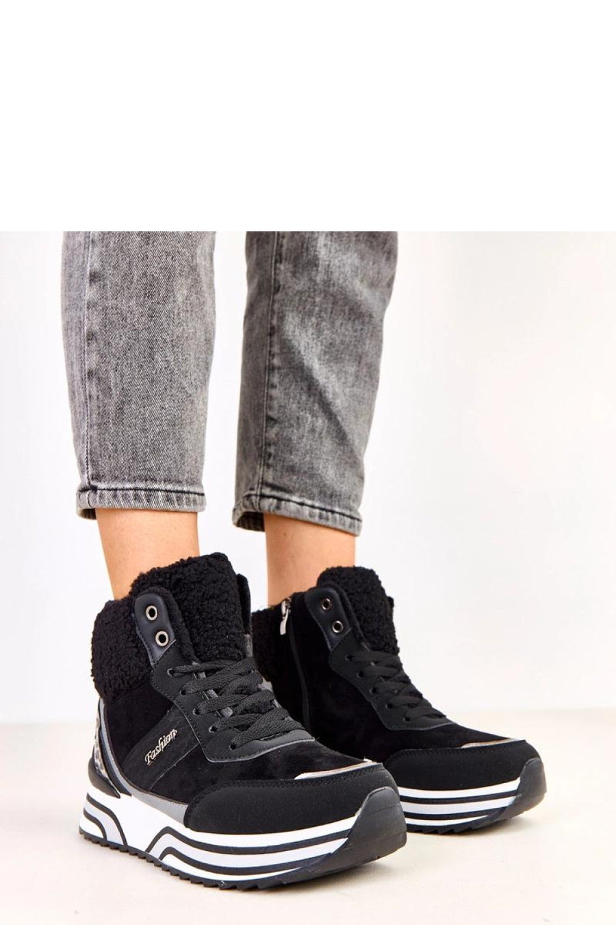 Solea Black Faux Leather Platform Warm Lined Trainers