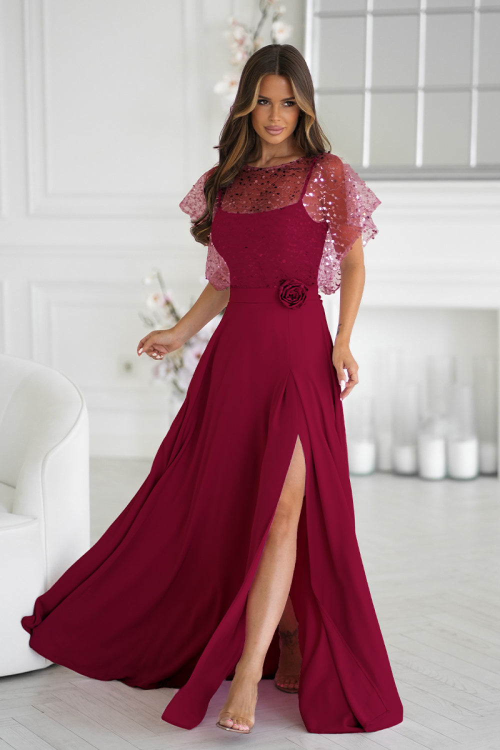 Bicotone Burgundy Sequin Sleeveless Maxi Dress