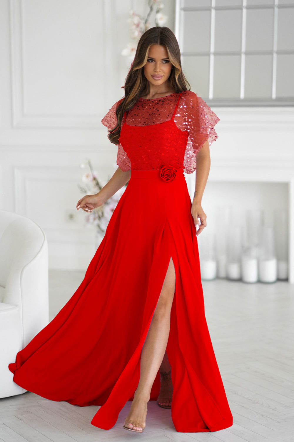 Bicotone Red Sequin Sleeveless Maxi Dress