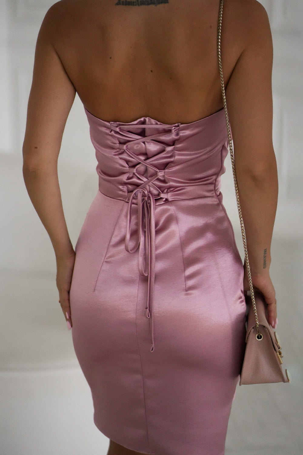 Bicotone Pink Satin Bodycon Mini Dress - view 3