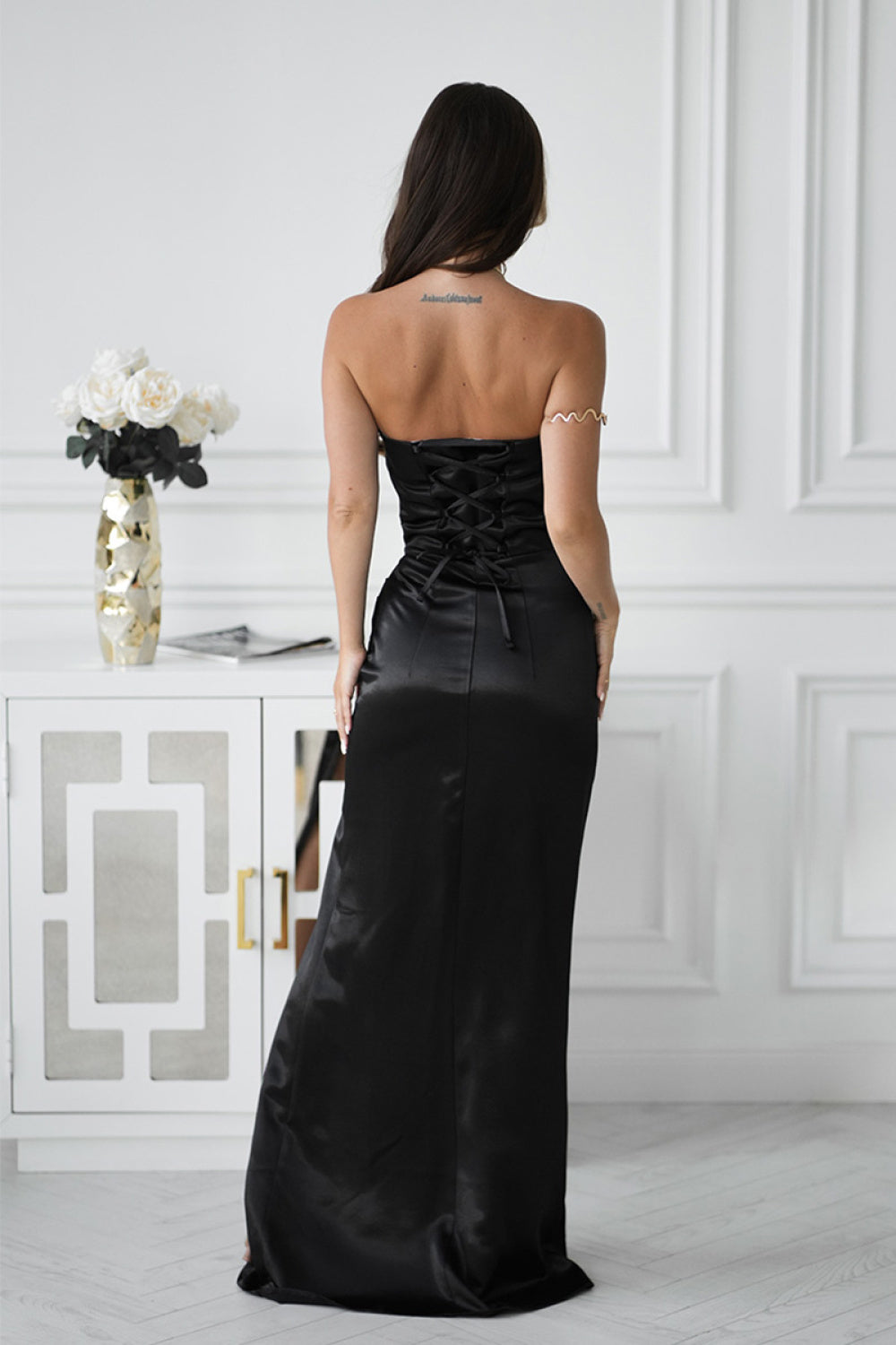 Bicotone Black Satin Bodycon Maxi Dress - view 3