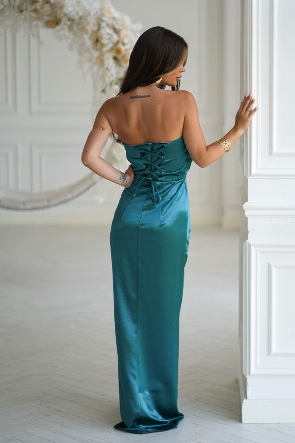 Bicotone Bottle Green Satin Bodycon Maxi Dress - view 3