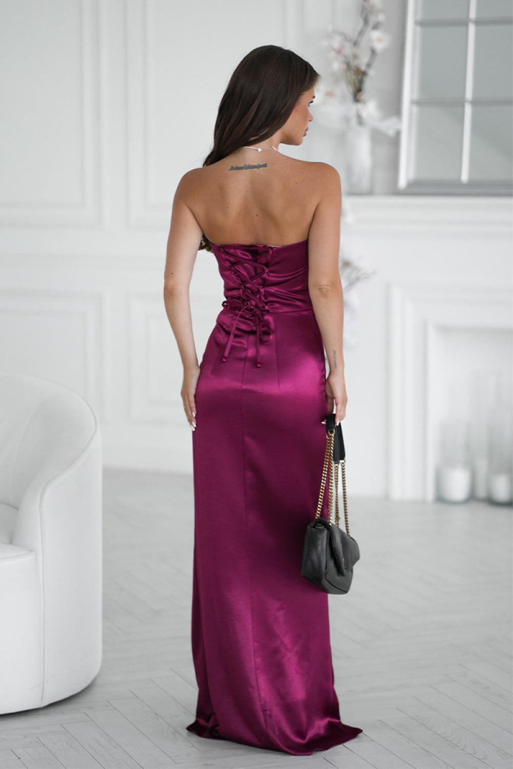 Bicotone Burgundy Satin Bodycon Maxi Dress - view 3