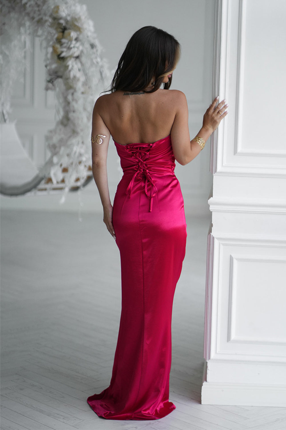 Bicotone Red Satin Bodycon Maxi Dress - view 3