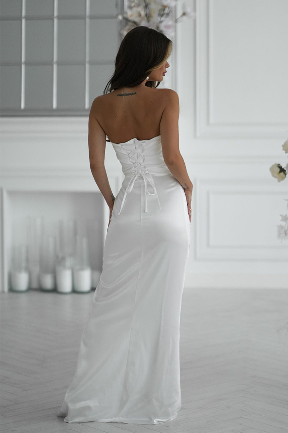 Bicotone Ecru Satin Bodycon Maxi Dress - view 3