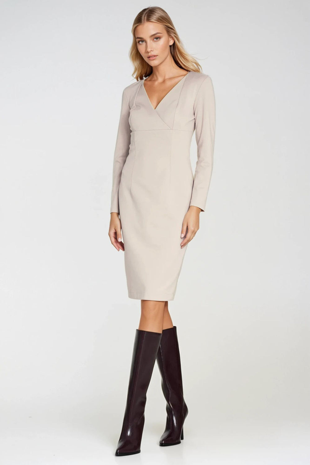 Nife Beige Wrap Long Sleeve Dress