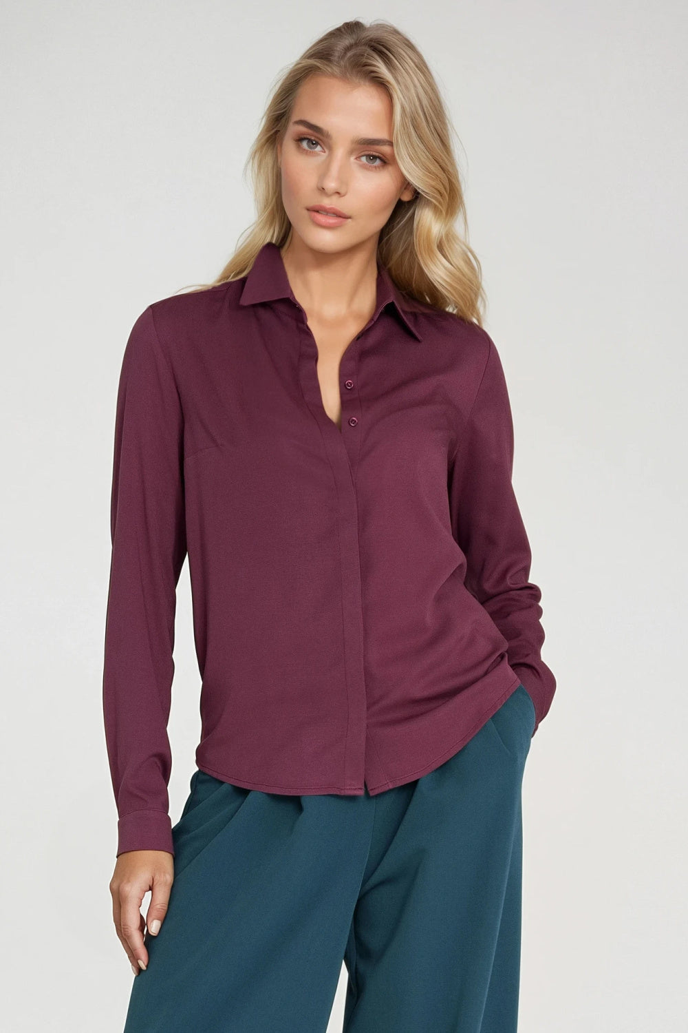 Nife Plum Pleated Long Sleeve Top