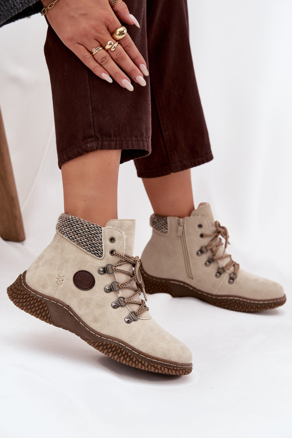 Step In Style Zenaya Light Beige Faux Leather Hiking Style Boots