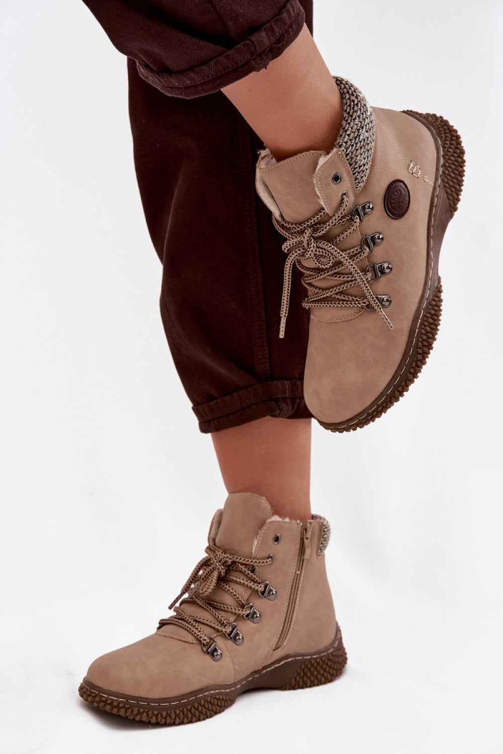 Step In Style Zenaya Beige Faux Leather Warm Lined Hiking Style Boots