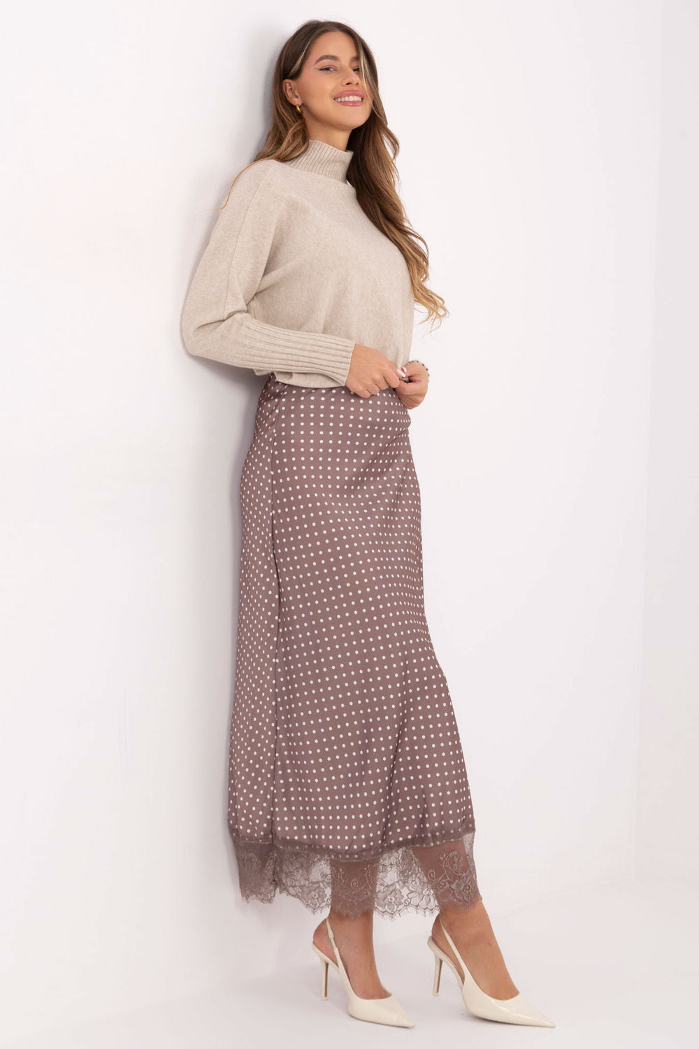 Rue Paris Dark Beige Lace Polka Dot Maxi Skirt - view 2