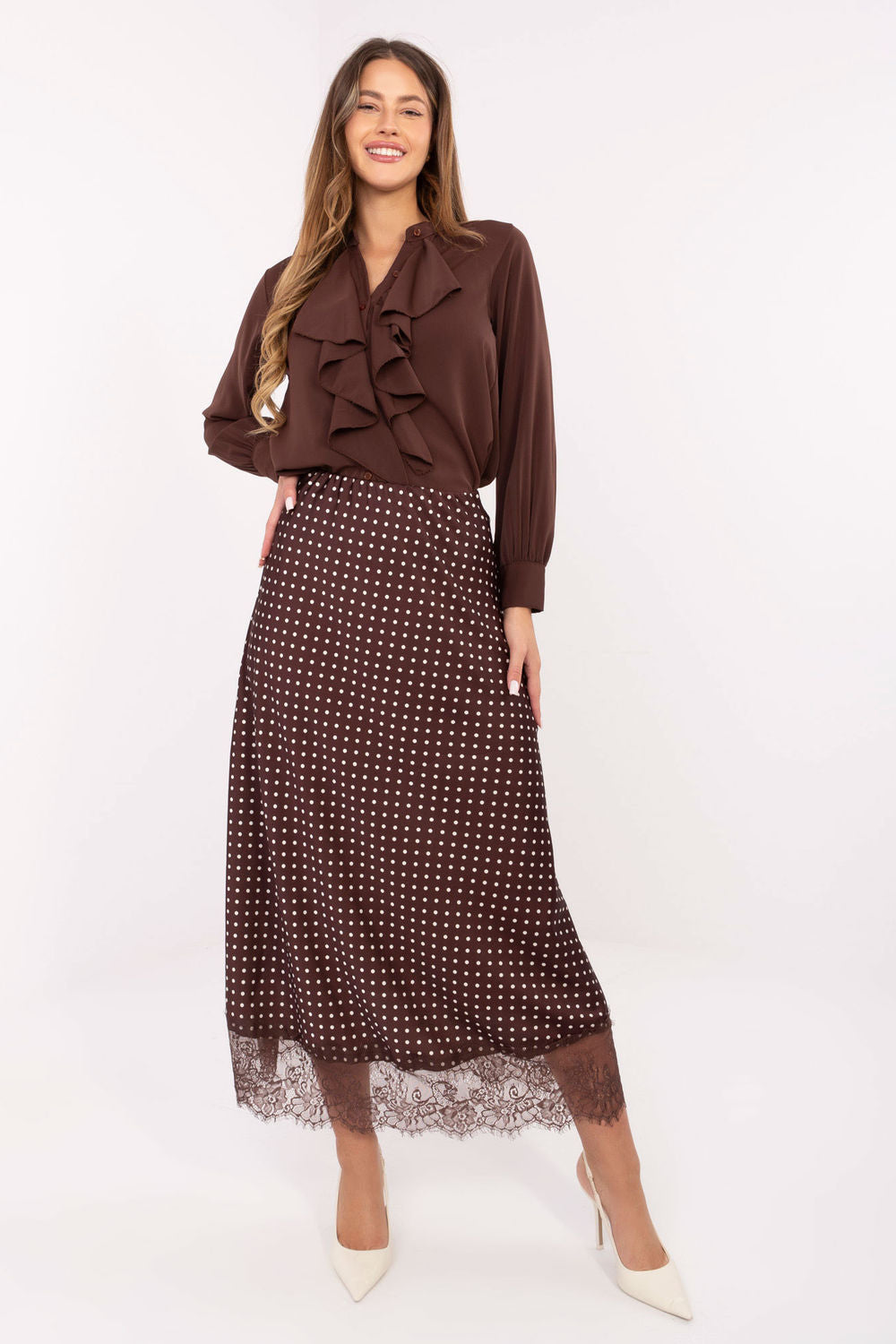 Rue Paris Brown Lace Polka Dot Maxi Skirt