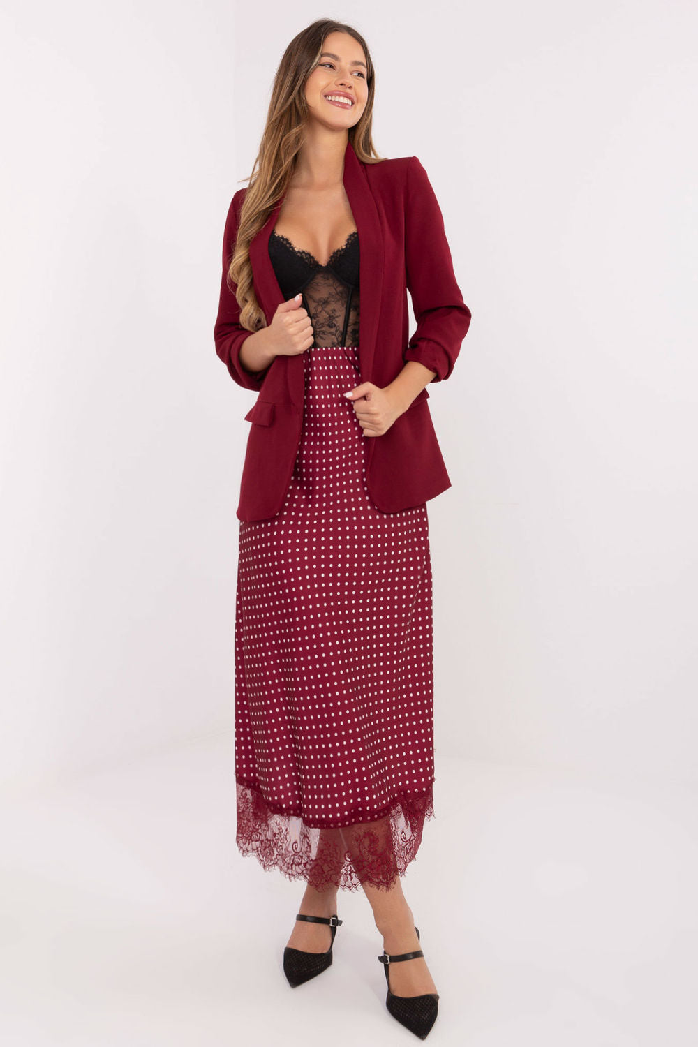 Rue Paris Burgundy Lace Polka Dot Maxi Skirt