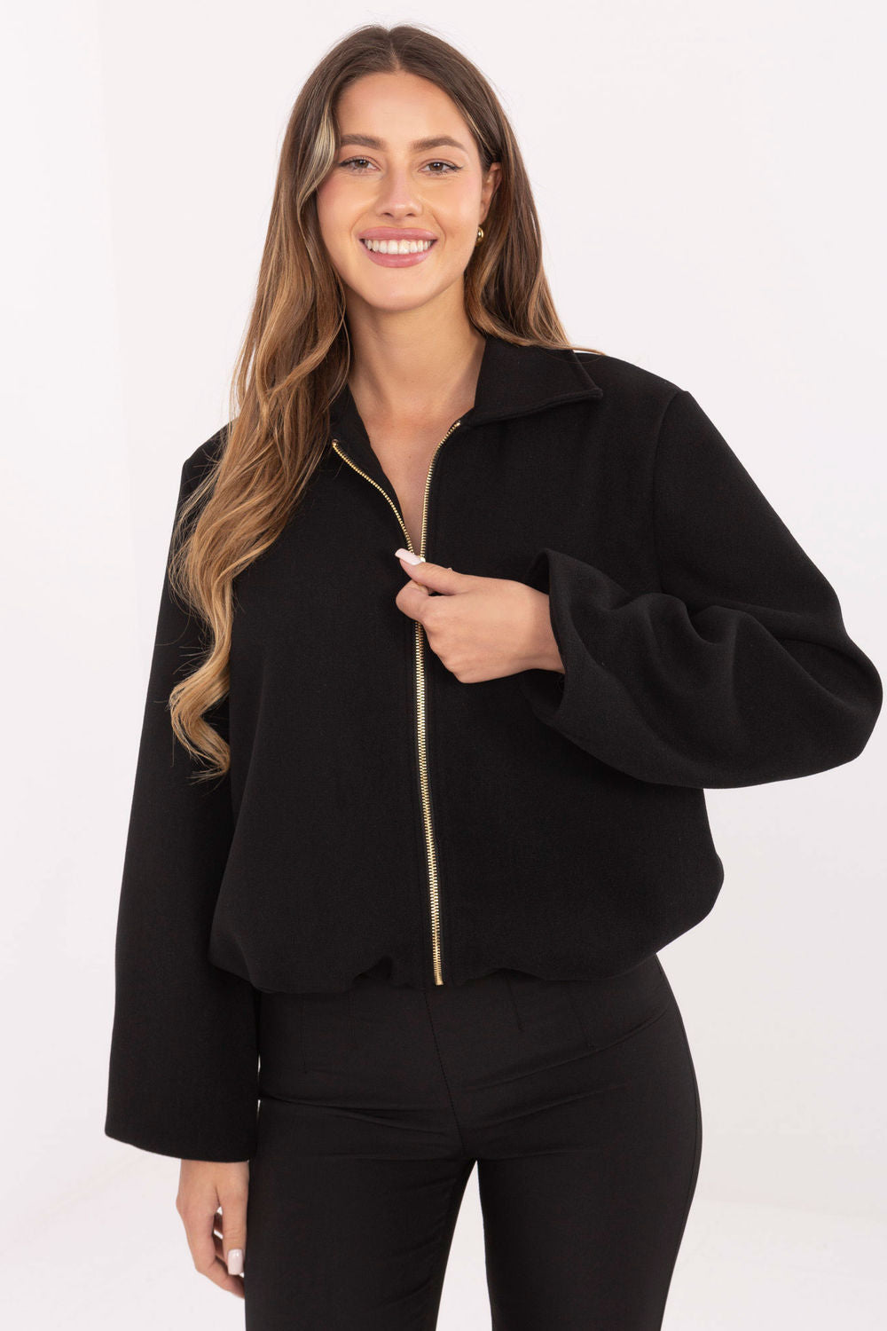 Rue Paris Black Zip Up Puff Sleeve Jacket