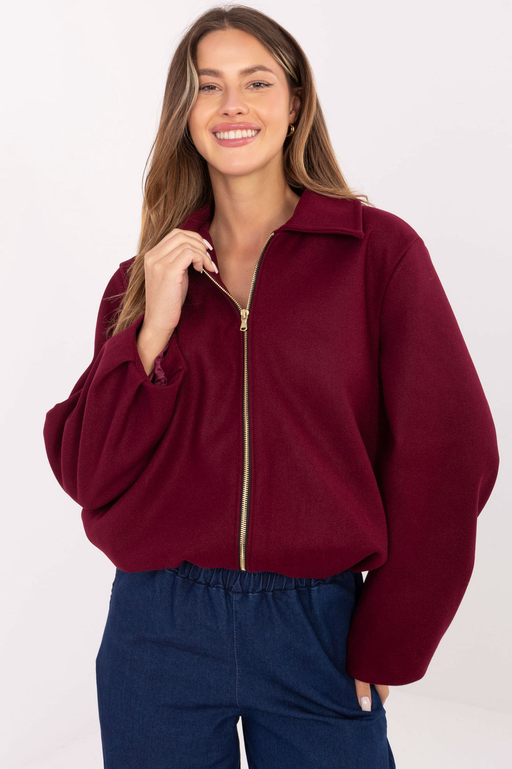 Rue Paris Burgundy Zip Up Puff Sleeve Jacket