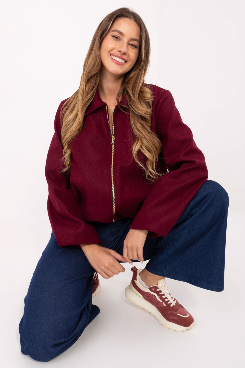 Rue Paris Burgundy Zip Up Puff Sleeve Jacket - view 2
