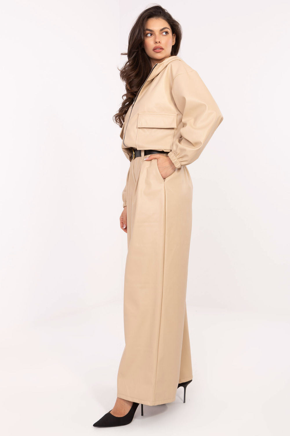 Rue Paris Beige Faux Leather Wide Leg Trousers - view 2