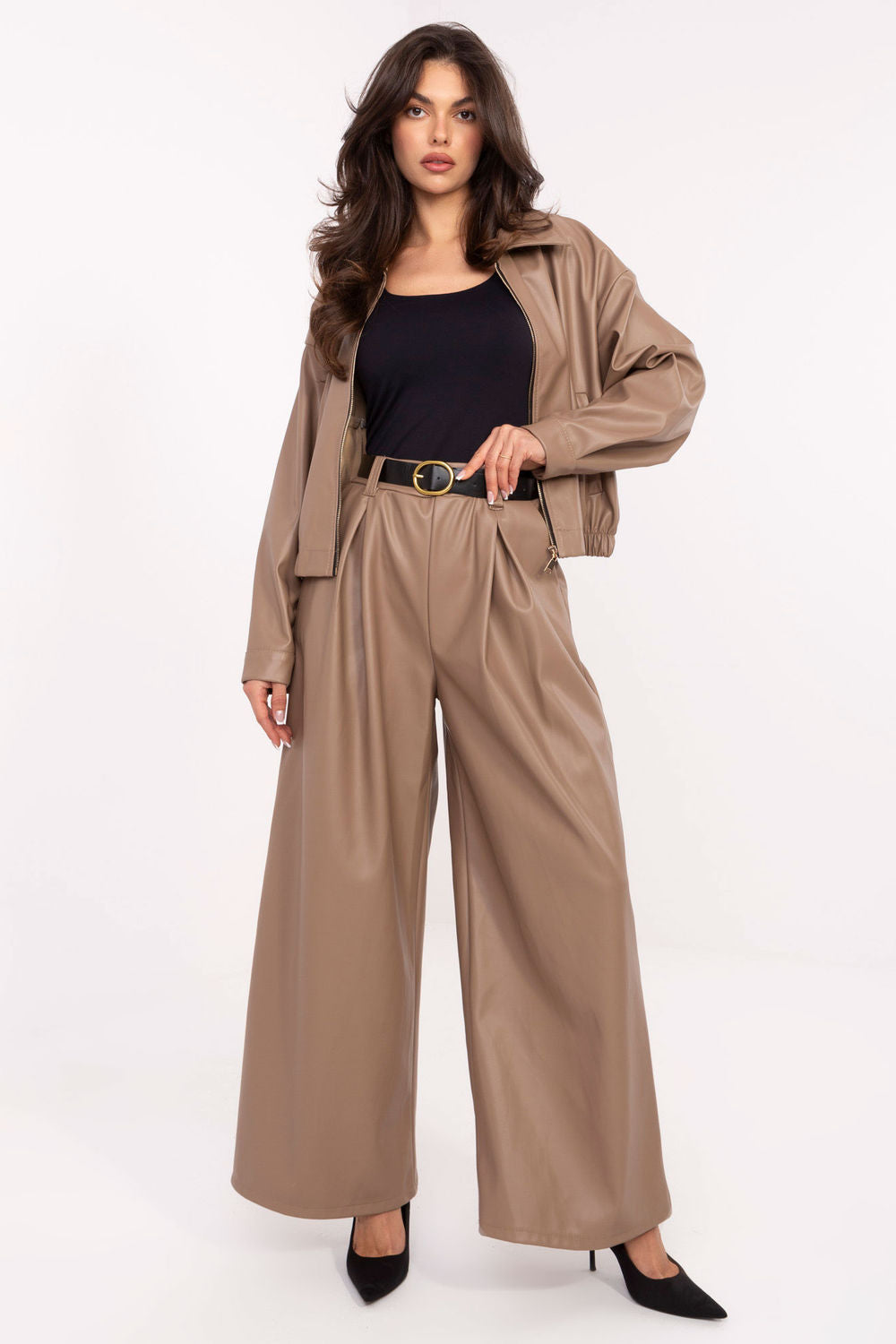 Rue Paris Dark Beige Faux Leather Wide Leg Trousers