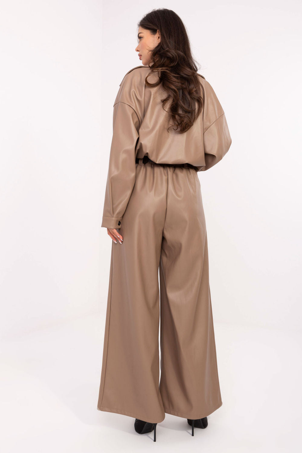 Rue Paris Dark Beige Faux Leather Wide Leg Trousers - view 2
