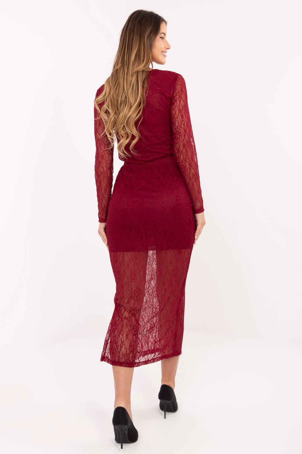 Rue Paris Burgundy Openwork Midi Lace Skirt - view 3