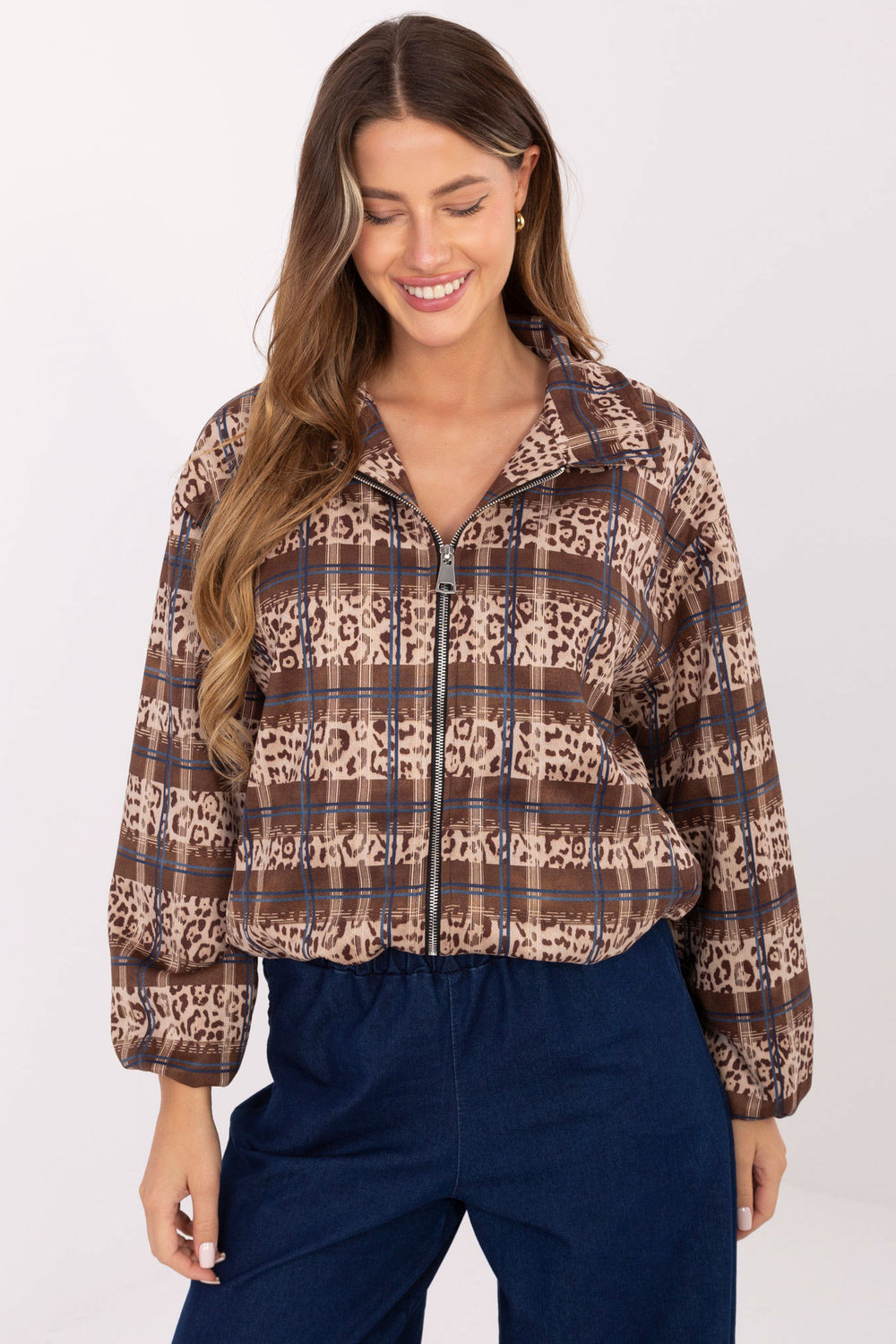Rue Paris Beige Collared Zip Up Long Sleeve Jacket
