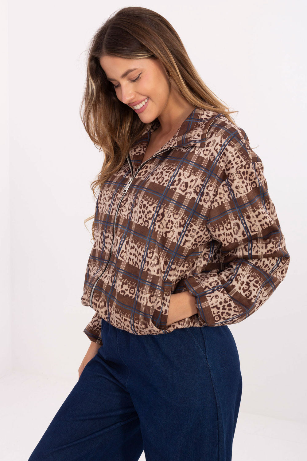 Rue Paris Beige Collared Zip Up Long Sleeve Jacket - view 2