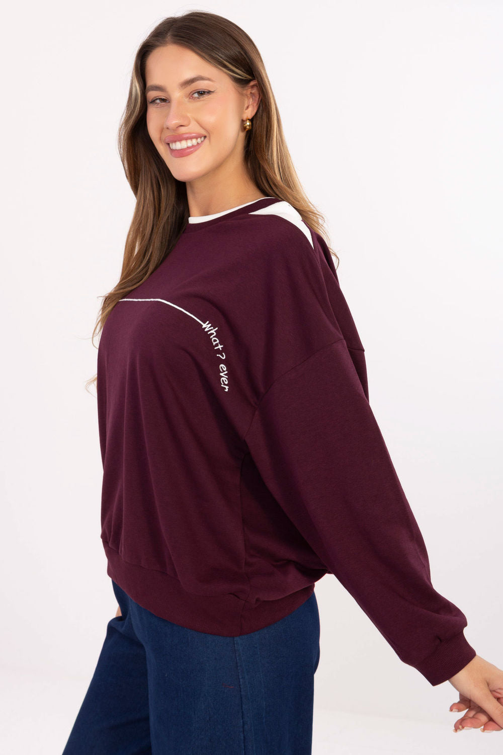 Relevance Burgundy Round Neck Oversized Long Sleeve Sweatshirt - view 2