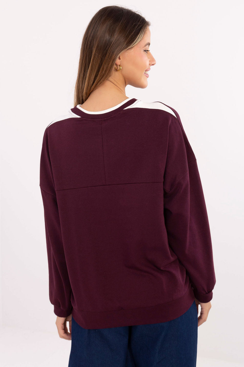 Relevance Burgundy Round Neck Oversized Long Sleeve Sweatshirt - view 3