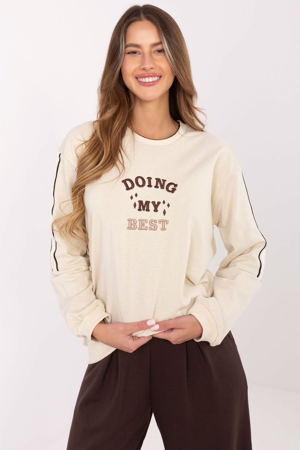 Relevance Light Beige Striped Oversized Sweatshirt